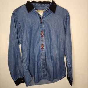 Wrangler Blue Denim Button Down Shirt with Black Collar